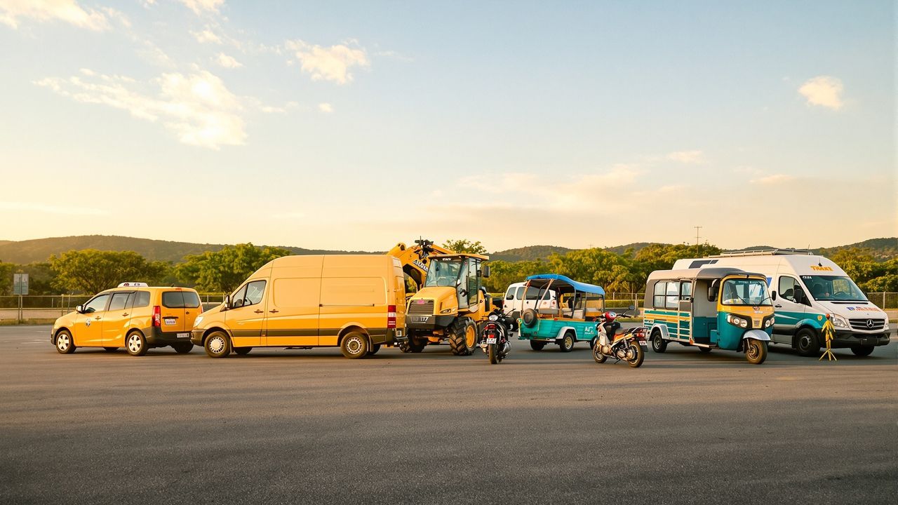 Fila de vehículos productivos de distinto tipo aparcados al atardecer: taxi, furgón de carga, retroexcavadora, motocicleta de reparto, mototaxis y buseta de transporte público