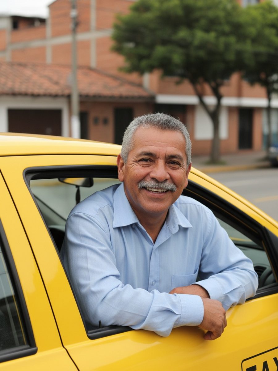 Jorge, pequeño propietario de taxis en Bogotá, frente a sus dos vehículos